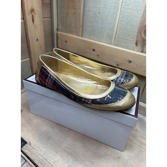 US6 COACH Tartan Plaid Gold Metallic True Graffiti Flats Slip On - Picture 1 of 7